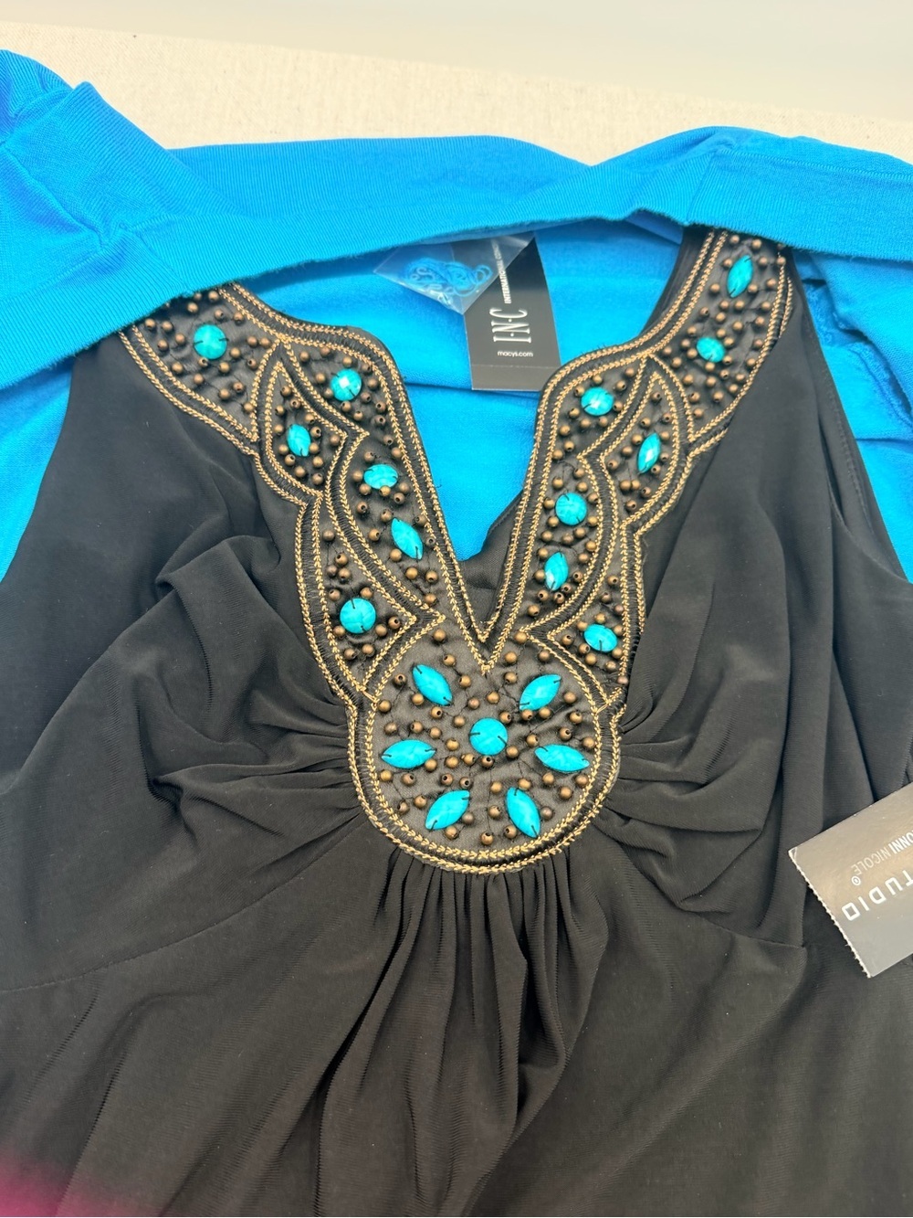 NWT INC Blue Bolero & Black Embellished Maxi Dress - Picture 2 of 7